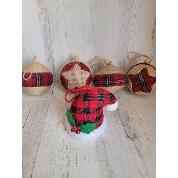 Rustic woven ball Plaid star santa hat ornament Xmas set - Picture 3 of 6